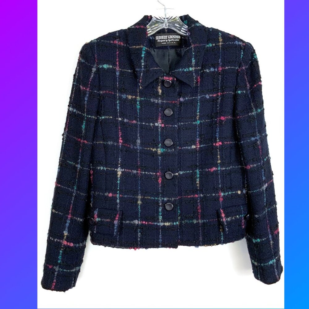 Vintage Herbert Grossman Black Plaid Rainbow Short Tweed Blazer Sz 8-6